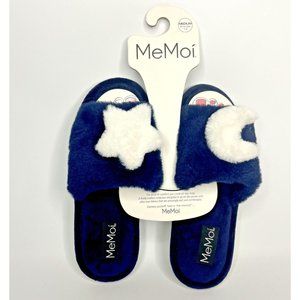 MeMoi Star and Moon Plush Slippers Medium 7-8 Midnight Blue/White New